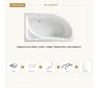 Baignoire blanche asymétrique gauche 170x100cm - Tablier blanc - Repose-tête - CALMA