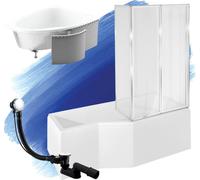 Baignoire d'angle 150x75 droite avec revêtement en polystyrène, paroi en verre, écoulement & pieds S | Set complet 4in1 baignoire acrylique | BADLAND INTEGRA