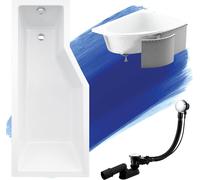 Baignoire d'angle 150x75 gauche avec revêtement en polystyrène, écoulement & pieds S | Set complet 4en1 baignoire originale acrylique siphon | BADLAND INTEGRA