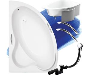 Baignoire d'angle 160x100 gauche avec revêtement en polystyrène, poignées, écoulement & pieds S | Set complet 5in1 baignoire originale acrylique siphon | BADLAND ADA