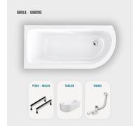 Baignoire d'angle blanche asymétrique 160x75cm - Pieds - Tablier Blanc - Vidage chrome - OASIS