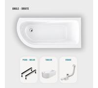 Baignoire d'angle blanche asymétrique 160x75cm - Pieds - Tablier Blanc - Vidage chrome - OASIS