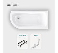 Baignoire d'angle blanche asymétrique 160x75cm - Pieds - Vidage chrome - OASIS