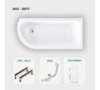 Baignoire d'angle blanche asymétrique 160x75cm - Pieds - Vidage chrome - Pare baignoire - OASIS