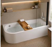 Baignoire d'angle blanche asymétrique 160x75cm - Pieds - Vidage noir- Pare baignoire - Etagère Bambou - OASIS