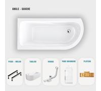 Baignoire d'angle blanche asymétrique 160x75cm - Tablier blanc - Pieds - Vidage chrome - Pare baignoire - Etagère Bambou - OASIS