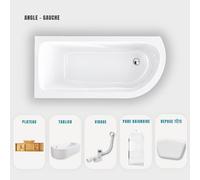 Baignoire d'angle blanche asymétrique 160x75cm - Tablier blanc - Pieds - Vidage chrome - Repose tête - Etagère Bambou - Pare baignoire - OASIS