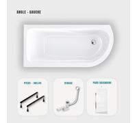 Baignoire d'angle blanche asymétrique 170x75cm - Pieds - Vidage chrome - Pare baignoire - OASIS