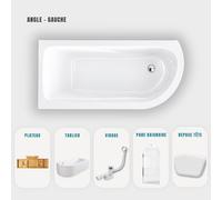 Baignoire d'angle blanche asymétrique 170x75cm - Pieds - Vidage chrome - Repose tête - Etagère Bambou - Pare baignoire - OASIS
