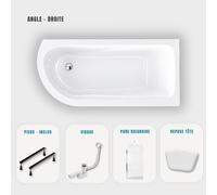Baignoire d'angle blanche asymétrique 170x75cm - Pieds - Vidage chrome - Repose tête - Pare baignoire - OASIS
