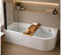 Baignoire d'angle blanche asymétrique 170x75cm - Pieds - Vidage noir- Pare baignoire - Etagère Bambou - OASIS