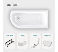 Baignoire d'angle blanche asymétrique 170x75cm - Tablier blanc - Pieds - Repose-tête - Vidage chrome - OASIS