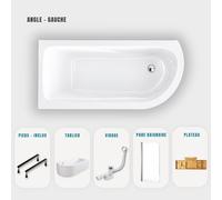 Baignoire d'angle blanche asymétrique 170x75cm - Tablier blanc - Pieds - Vidage chrome - Pare baignoire - Etagère Bambou - OASIS