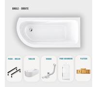 Baignoire d'angle blanche asymétrique 170x75cm - Tablier blanc - Pieds - Vidage chrome - Pare baignoire - Etagère Bambou - OASIS