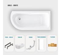 Baignoire d'angle blanche asymétrique 170x75cm - Tablier blanc - Pieds - Vidage chrome - Pare baignoire - Etagère Bambou - OASIS