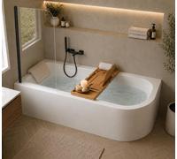 Baignoire d'angle blanche asymétrique 170x75cm - Tablier blanc - Pieds - Vidage noir- Repose tête - Etagère Bambou - Pare baignoire - OASIS