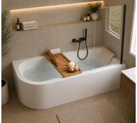 Baignoire d'angle blanche asymétrique 170x75cm - Tablier blanc - Pieds - Vidage noir- Repose tête - Etagère Bambou - Pare baignoire - OASIS