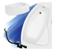 Baignoire d'angle Rima d'origine blanche en acrylique 140 x 90 cm, kit complet avec tablier en acrylique blanc, pieds et bonde automatique exclusive chromée, fabriqué en UE, 4 en 1