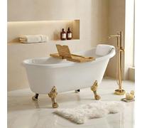 Baignoire îlot rétro 160x75 cm - 4 pieds patte de lion Doré Poli + repose-tête + étagère bambou - Leona