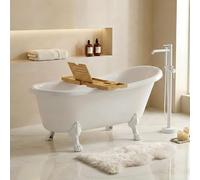 Baignoire îlot rétro 160x75 cm - Siphon chrome + 4 pieds patte de lion Blanc + repose-tête + étagère bambou - Leona