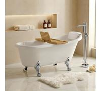 Baignoire îlot rétro 160x75 cm - Siphon chrome + 4 pieds patte de lion Chrome + repose-tête + étagère bambou - Leona