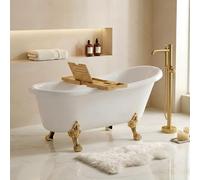 Baignoire îlot rétro 170x70 cm - 4 pieds patte de lion Doré Poli + étagère bambou - Leona