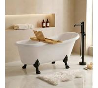 Baignoire îlot rétro 170x70 cm - 4 pieds patte de lion Noir + étagère bambou - Leona