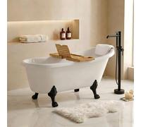 Baignoire îlot rétro 170x70 cm - 4 pieds patte de lion Noir + repose-tête + étagère bambou - Leona