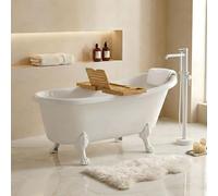 Baignoire îlot rétro 170x70 cm - Siphon chrome + 4 pieds patte de lion Blanc + étagère bambou - Leona