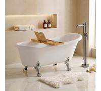 Baignoire îlot rétro 170x70 cm - Siphon chrome + 4 pieds patte de lion Chrome + étagère bambou - Leona