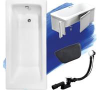 Baignoire rectangulaire 110x70 + habillage polystyrène + appuie-tête, écoulement & pieds S | Set complet 5en1 baignoire originale acrylique siphon | BADLAND TALIA