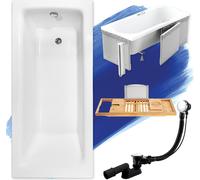 Baignoire rectangulaire 120x70 + revêtement en polystyrène + étagère en bambou, écoulement & pieds S | Set complet 5in1 baignoire originale acrylique siphon | BADLAND TALIA