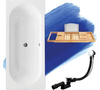 Baignoire rectangulaire 170x75 + étagère en bambou, écoulement & pieds S | Set complet 4in1 baignoire originale acrylique siphon | BADLAND VITAE