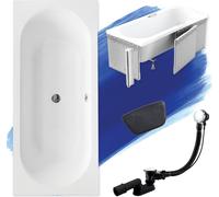 Baignoire rectangulaire 170x75 + habillage polystyrène + appuie-tête, écoulement & pieds S | Set complet 5in1 baignoire originale acrylique siphon | BADLAND VITAE