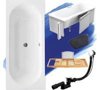 Baignoire rectangulaire 170x75 + revêtement en polystyrène + étagère en bambou + appuie-tête, écoulement & pieds S | Set complet 6in1 baignoire originale acrylique siphon | BADLAND VITAE