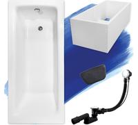 Baignoire rectangulaire 170x75 + support de baignoire + appui-tête, écoulement & pieds S | Set complet 5in1 baignoire originale acrylique siphon | BADLAND TALIA