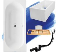 Baignoire rectangulaire 170x75 + support de baignoire + étagère en bambou, écoulement & pieds S | Set complet 5in1 baignoire originale acrylique siphon | BADLAND VITAE
