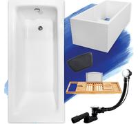 Baignoire rectangulaire 170x75 + support de baignoire + tablette bambou + appuie-tête, écoulement & pieds S | Set complet 6in1 baignoire originale acrylique siphon | BADLAND TALIA