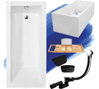Baignoire rectangulaire 180x80 avec vidage et pieds S + support de baignoire + tablette en bois de bambou + appuie-tête en noir | BADLAND MODERNE
