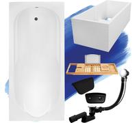 Baignoire rectangulaire 180x80 avec vidage et pieds S + support de baignoire + tablette en bois de bambou + appuie-tête en noir | BADLAND BONA