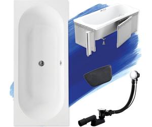 Baignoire rectangulaire 180x80 + habillage polystyrène + appuie-tête, écoulement & pieds S | Set complet 5en1 baignoire originale acrylique siphon | BADLAND VITAE