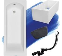 Baignoire rectangulaire 5en1 160x70 avec vidage premium et pieds S + support de baignoire + appui-tête en noir | BADLAND SHEA
