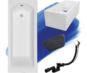 Baignoire rectangulaire 5en1 160x70 avec vidage premium et pieds S + support de baignoire + appui-tête en noir | BADLAND SHEA