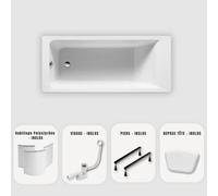Baignoire rectangulaire blanche Slim 160x70 cm - Habillage + Repose-tête + Vidage chrome + pieds - MODAN