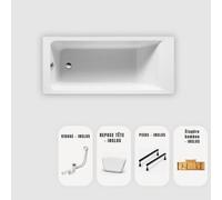 Baignoire rectangulaire blanche Slim 160x70 cm - Plateau bambou + Repose-tête + Vidage chrome + pieds - MODAN