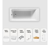 Baignoire rectangulaire blanche Slim 160x70 cm - Tablier + Pare-baignoire + Plateau bambou + Repose-tête + Vidage chrome + pieds - MODAN