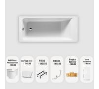 Baignoire rectangulaire blanche Slim 170x70 cm - Habillage + Pare-baignoire + Plateau bambou + Repose-tête + Vidage chrome + pieds - MODAN