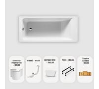 Baignoire rectangulaire blanche Slim 170x70 cm - Habillage + Plateau bambou + Repose-tête + Vidage chrome + pieds - MODAN