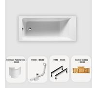 Baignoire rectangulaire blanche Slim 170x70 cm - Habillage + Plateau bambou + Vidage chrome + pieds - MODAN