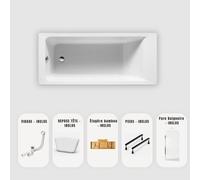Baignoire rectangulaire blanche Slim 170x70 cm - Pare-baignoire + Plateau bambou + Repose-tête + Vidage chrome + pieds - MODAN